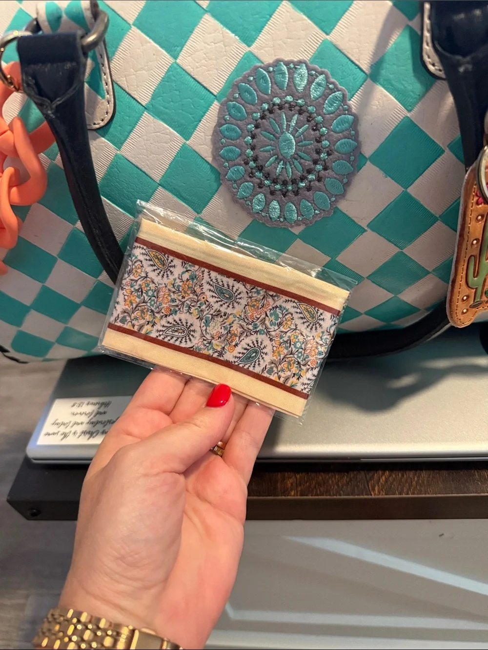 Turquoise & Cream Checker Dome Satchel with Coral Chain Accents